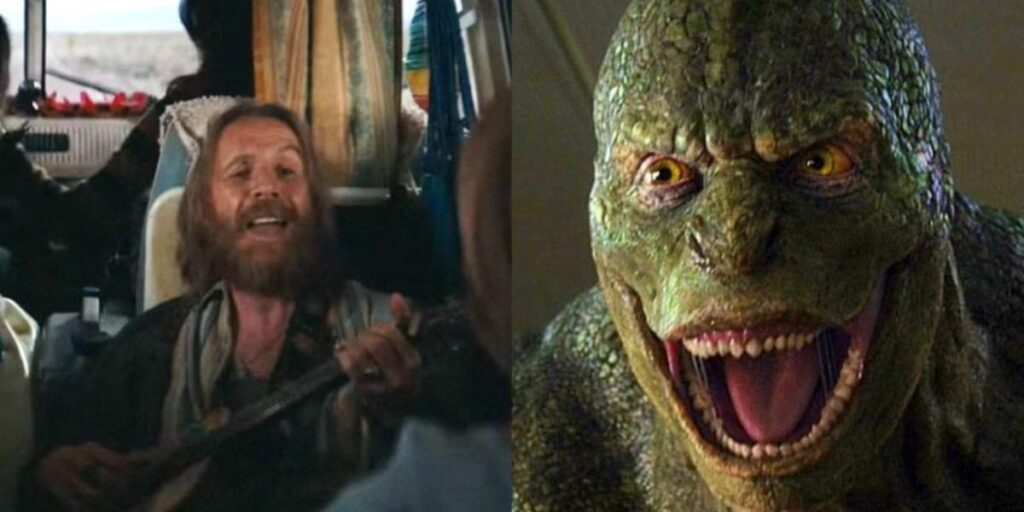 Rhys Ifans in Venom 3 in left and as Lizard in right.