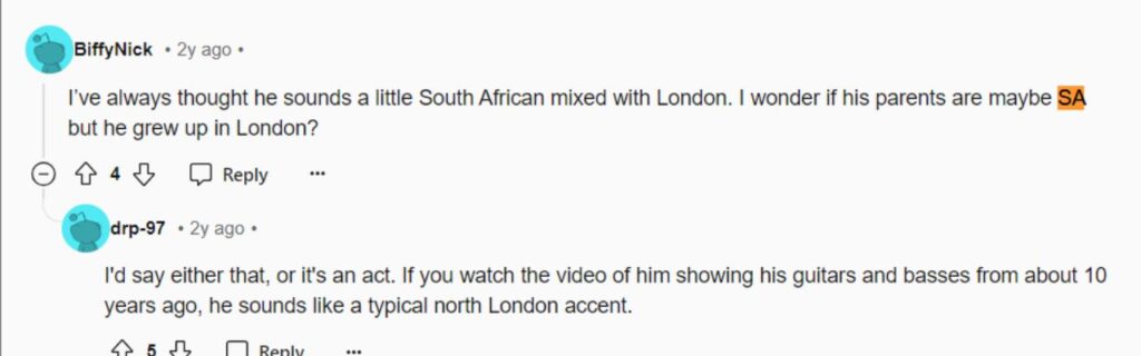 fans thinks geordie greep accent is mixed of London and South African.