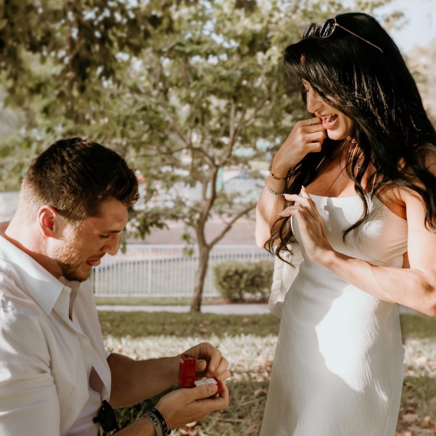 Laith Wallschleger proposing his girlfriend Danielle Iodice.